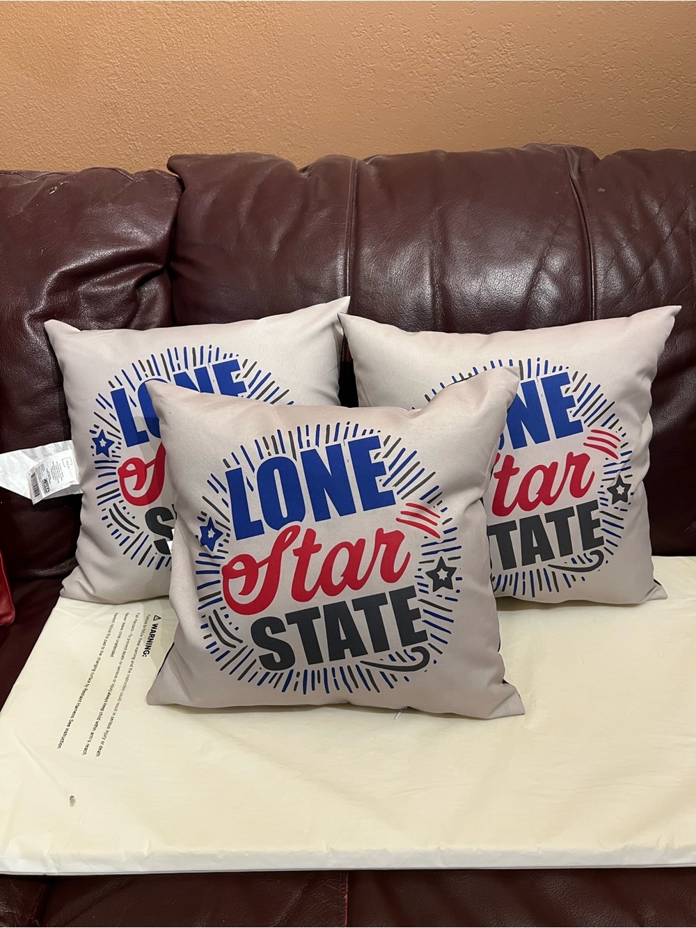 Set of three Mainstays Lone Star State Accent Pillow, Blue, Red & dark gray back